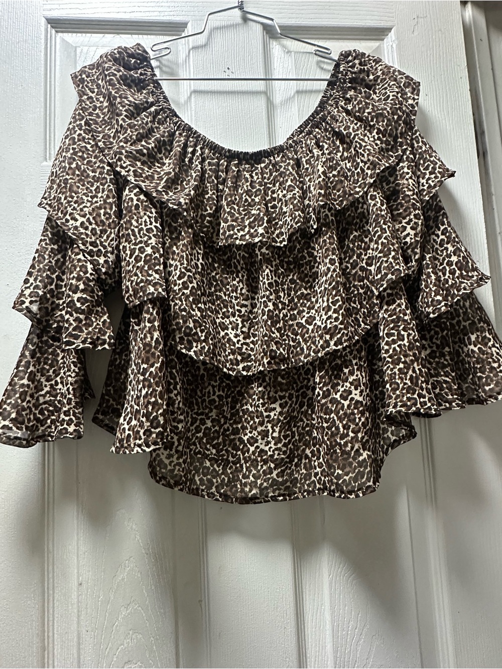New Look Brown Leopard Ruffle Off-Shoulder Blouse size MD